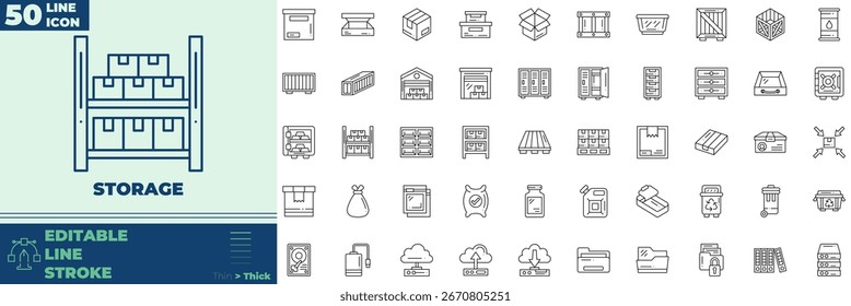 Speicherzeilen-Editierbare Symbole festgelegt. Vektorgrafik im modernen Dünnlinien-Stil von Speichersymbolen: Lieferung, Fracht, Verteilung usw.