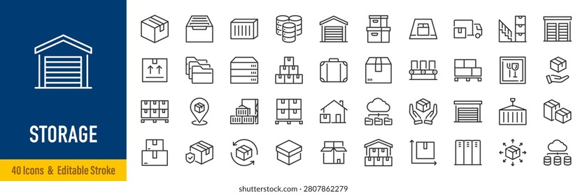 Storage line icons in editable stroke style. Self storage, warehouse, garage, storage unit, moving, logistics, inventory, organization collection. Editable stroke. Vector
