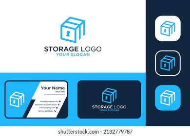 almacenamiento con diseño de logotipo de arte de línea de bloqueo y tarjeta de negocios