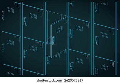 Storage lockers close up stylized vector illustration