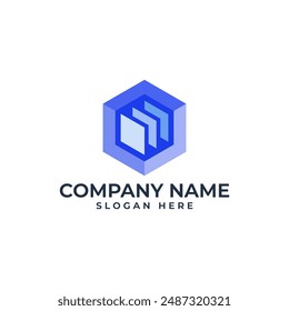 Storage logo with the 3 arrow and the stacking data in hexagon cube shape as design template for technology ai industry