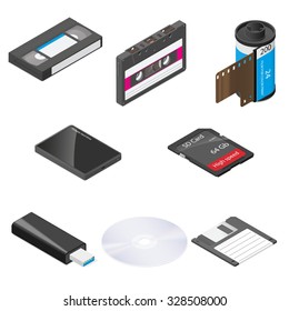 Storage media detailed isometric icon set vector graphic illustration