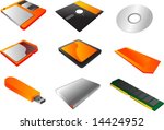 Storage media, vector illustrations, 3d isometric style: 3 1/2" floppy diskette, 5 1/4", cd, sd card, cf card, memory stick, usb pendrive, external hard disk, ram  memory