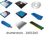 Storage media, vector illustrations, 3d isometric style: 3 1/2" floppy diskette, 5 1/4", cd, sd card, cf card, memory stick, usb pendrive, external hard disk, ram