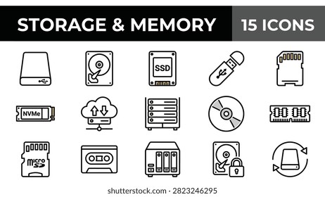 Storage and Memory Icons Set: Hard Drive, SSD, USB, SD Card, Cloud, Server, CD, RAM
