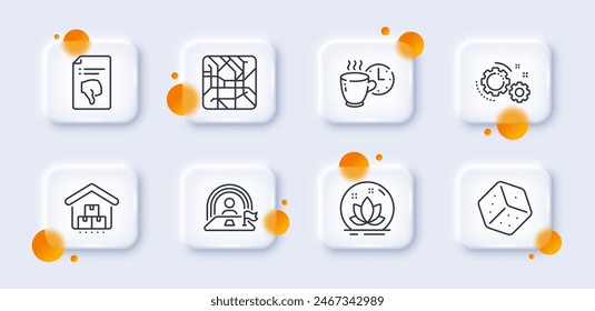 Storage, Metro map and Gears line icons pack. 3d glass buttons with blurred circles. Coffee break, Dice, Lotus web icon. Lgbt, Thumb down pictogram. For web app, printing. Vector