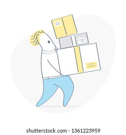 Storage mover helping moving, delivering, carrying cardboard boxes. Flat outline vector illustration of moving, transportation, courier service.