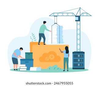 Storage and organization of document flow. Tiny people load paper sheets into folder with construction crane, organize directory and library of archives on servers cartoon vector illustration