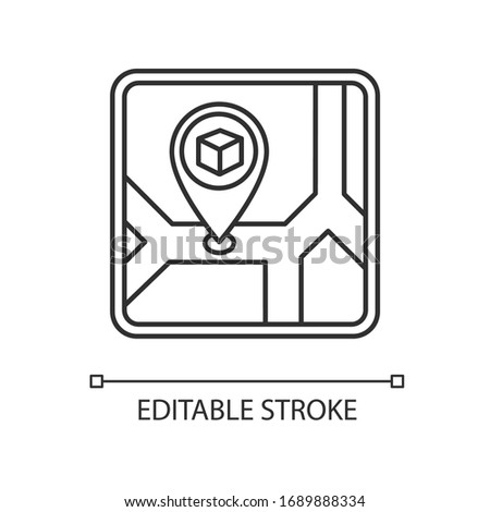 Storage place pixel perfect linear icon. Warehouse location, storehouse building address. Thin line customizable illustration. Contour symbol. Vector isolated outline drawing. Editable stroke