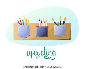 Die Taschen sind aus Jeans. Cartoon-Design. Upcycling.