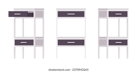 Storage rack stand with two sliding drawers natural wood set. Kitchen shelving, bathroom, dressing table organizer. Vector flat style cartoon home, office furniture objects isolated, white background