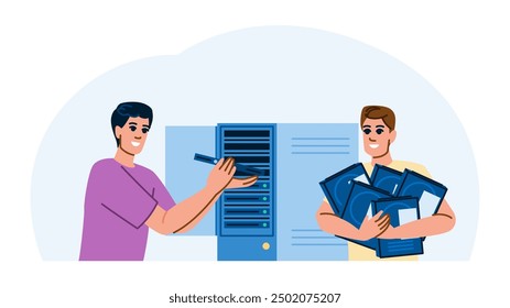 storage raid arrays vector. redundancy performance, data mirroring, striping parity storage raid arrays character. people flat cartoon illustration