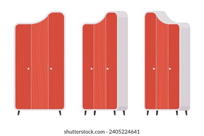 Storage red cabinet with two doors set. Kitchen pantry, dining room wooden closet for storing linens, books. Vector flat style cartoon home decor, office furniture objects isolated, white background