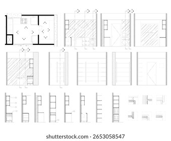 Desenho 2D da sala de armazenamento com planta de chão, elevação, seção e detalhes interiores - Vetor Blueprint