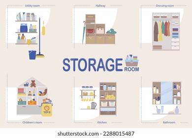 Storage room interior flat infographic with utility toys wardrobe kitchen bathroom and hallway vector illustration