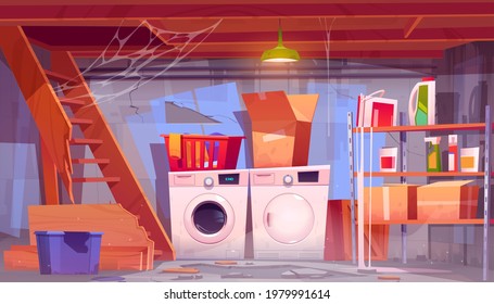 Storage room with laundry equipment in house basement. Vector cartoon interior of old home cellar with washing and dryer machine, dirty boxes on shelves, broken wooden stairs and spiderweb