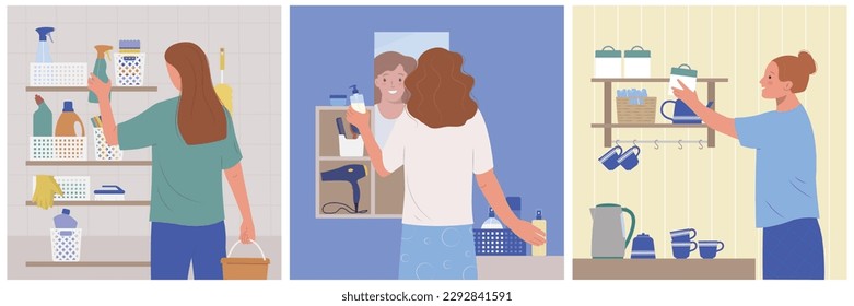 Storage room set with woman organizing things in bathroom laundry and kitchen isolated vector illustration