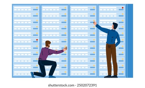 Speicherserver-Racks, Vektor. Hardware-Infrastruktur, Schrank-Gehäuse, Lüftungsstrom-Speicher-Server-Racks Charakter. Menschen, flache Cartoon-Illustration