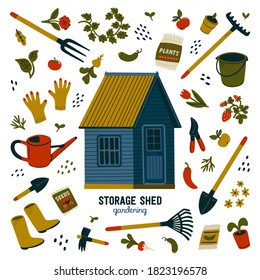 Storage shed. Blue storage shed and different types of tools for gardening and landscaping. Vector illustration in flat cartoon style on white background svg