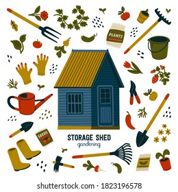 Storage shed. Blue storage shed and different types of tools for gardening and landscaping. Vector illustration in flat cartoon style on white background