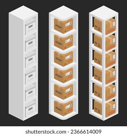 storage shelf bookcase with parcel boxes isometric vector flat illustration