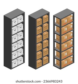storage shelf bookcase with parcel boxes isometric vector flat illustration