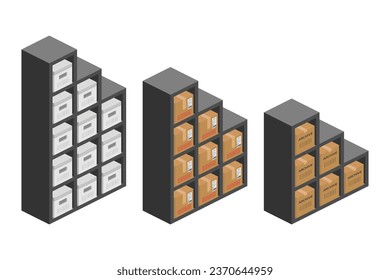 storage shelf bookcase with parcel boxes isometric vector flat illustration