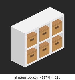 storage shelf bookcase with parcel boxes isometric vector flat illustration