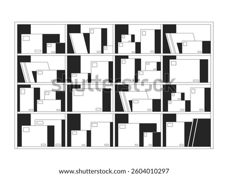 Storage shelves with boxes and documents 2D line object. Logistics, archive filing, cardboard. Organized warehouse shelving isolated clipart vector ink outline item. Monochrome spot illustration