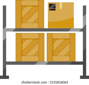 Storage shelves with cardboard and wooden boxes. Warehouse icon