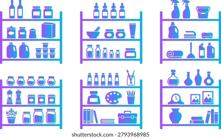 Storage shelves displaying bottles jars containers cleaning supplies art supplies household items.