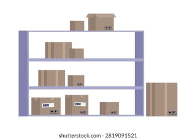 Storage shelving filled with cardboard boxes of different sizes. Flat vector illustration for warehouse, inventory and logistics concepts.