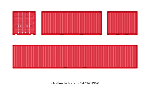 Storage Shipping Container isolated. Red cargo container front, side view.
Standart ISO sizes  10', 20', 40'. Vector illustration on white background.
