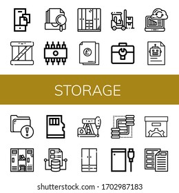 storage simple icons set. Contains such icons as Document, Box, Archive, Rom, Wardrobe, Forklift, Toolbox, Syncronization, Folder, Locker, can be used for web, mobile and logo