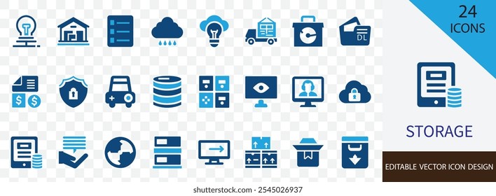 Storage solid icon set. containing safe, hoard, cache, reserve, backup,  crate, container, shelf and more vector design