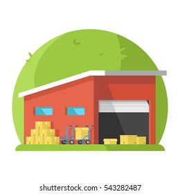 Espacio de almacenamiento en un fondo verde con las cajas de puertas abiertas carrito. Ilustración vectorial plana 3d.
