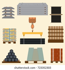 Storage And Stacking Of Construction Materials. A Set Of Building Objects Drawn In A Flat Style.