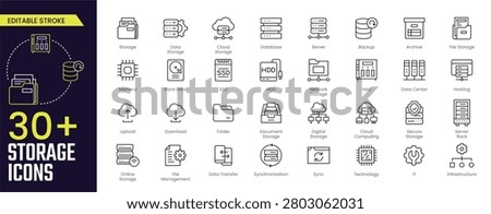 Storage Stroke icon collections. Containing storage, data, cloud storage, digital storage, database, server, archive, file, memory, hard drive, HDD, and SSD icons. Editable Stroke icon collection Outline icon