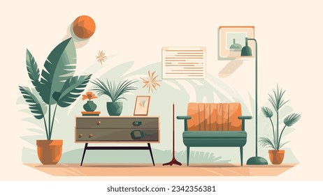 Storage table, cushion armchair, standing lamp decorating furniture set and plant pot in living room in flat vector illustration