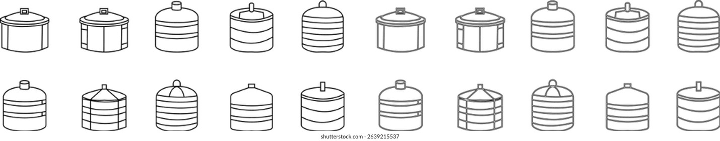 storage tank icon set, The cylindrical structure showcases a weathered texture, hinting at a history of storage and industry, Modern outline tank logo concept, vector design template elements icons,