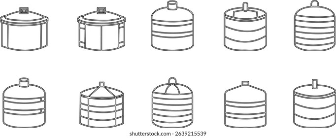 storage tank icon set, The cylindrical structure showcases a weathered texture, hinting at a history of storage and industry, Modern outline tank logo concept, vector design template elements icons,