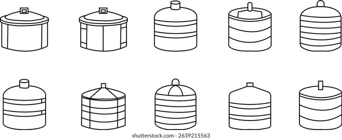 storage tank icon set, The cylindrical structure showcases a weathered texture, hinting at a history of storage and industry, Modern outline tank logo concept, vector design template elements icons,