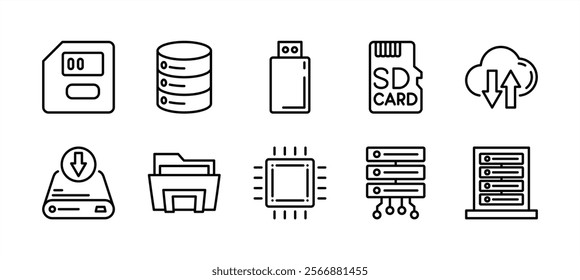 Storage technology thin line icon set. Containing memory card, big data server, flash disk, cloud computing, chips, hard disk drive, database folder. Vector illustration
