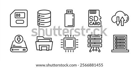 Storage technology thin line icon set. Containing memory card, big data server, flash disk, cloud computing, chips, hard disk drive, database folder. Vector illustration