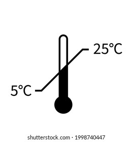 Storage temperature range symbol. Black thermometer icon with diagonal line and degrees sign value.