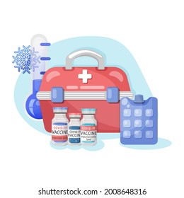 Storage  Termo Container With Cold Temperatures  For Vaccine Covid-19. Temperature Regime For Storing Vaccine Bottles Dry Ice Container, Thermometer, Snowflake,vaccine Bottle. Vector Flat Illustration