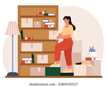 Storage of things. Woman looking for boxes on shelves. Closet with books in apartment. Library with bookshelves. Room and house interior. Small mini warehouse. Cartoon flat vector illustration