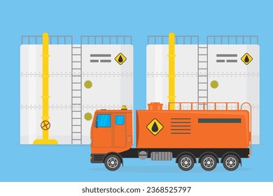 Storage and transportation of petroleum products. Two steel oil storage tanks and oil industry truck. Metal petroleum reservoir and vehicle. Scene from the oil industry. Flat style vector illustration