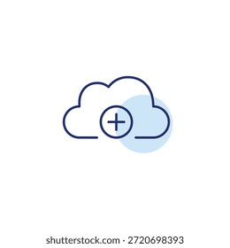 Mejorar de almacenamiento, agregar archivos a datos de nube virtual. Símbolo más. Icono de Vector de trazo perfecto y editable
