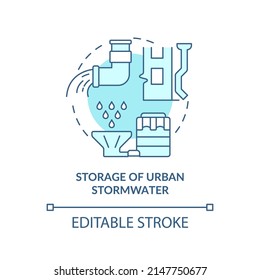 Storage Of Urban Stormwater Turquoise Concept Icon. Conserving Urban Biodiversity Abstract Idea Thin Line Illustration. Isolated Outline Drawing. Editable Stroke. Arial, Myriad Pro-Bold Fonts Used